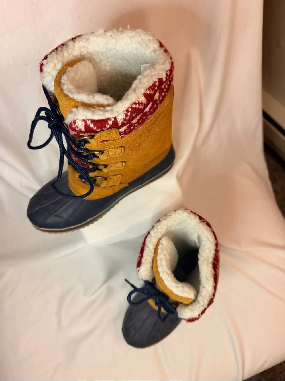 Women’s Mustard Suede Winter Lace-Up Boots with Patterned Knit Cuff